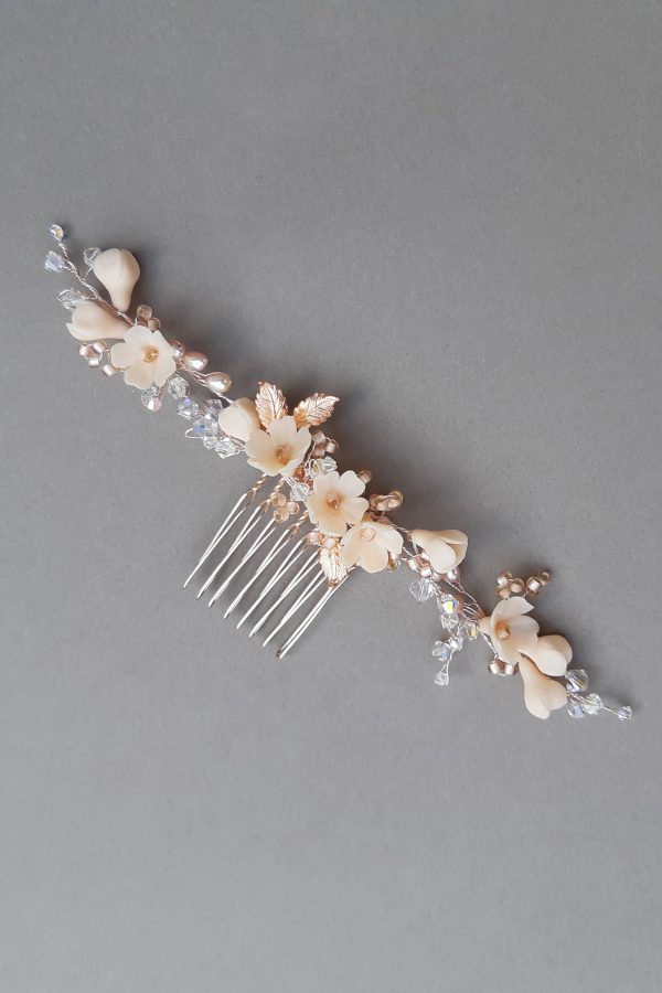 Accesoriu par mirese, pieptan mirese, pieptene flori culoare sampanie, accesoriu cu flori pentru par, coc mirese