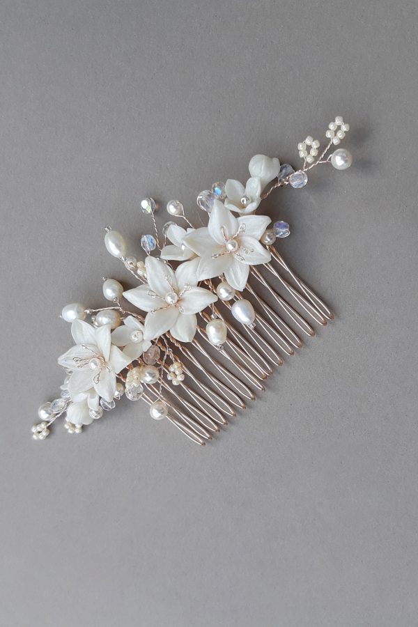 accesoriu coc mireasa, accesoriu păr mireasă, pieptene cu flori, pieptene mireasa, pieptene aur roz